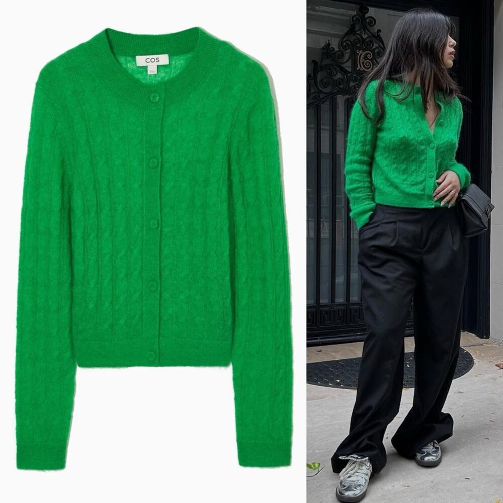 COS Cable-Knit Mohair Button Front Cardigan in Bright Green - Picture 4 of 15